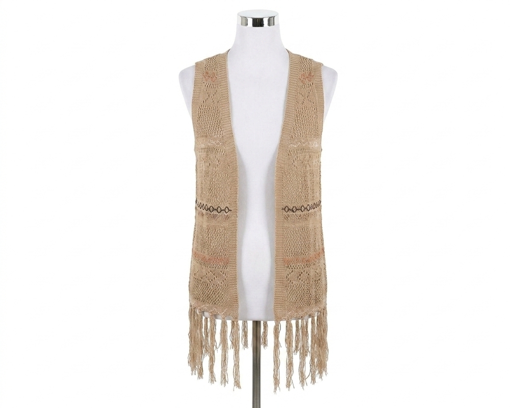 NEW AND THE WHY boho crochet fringe vest in tan
